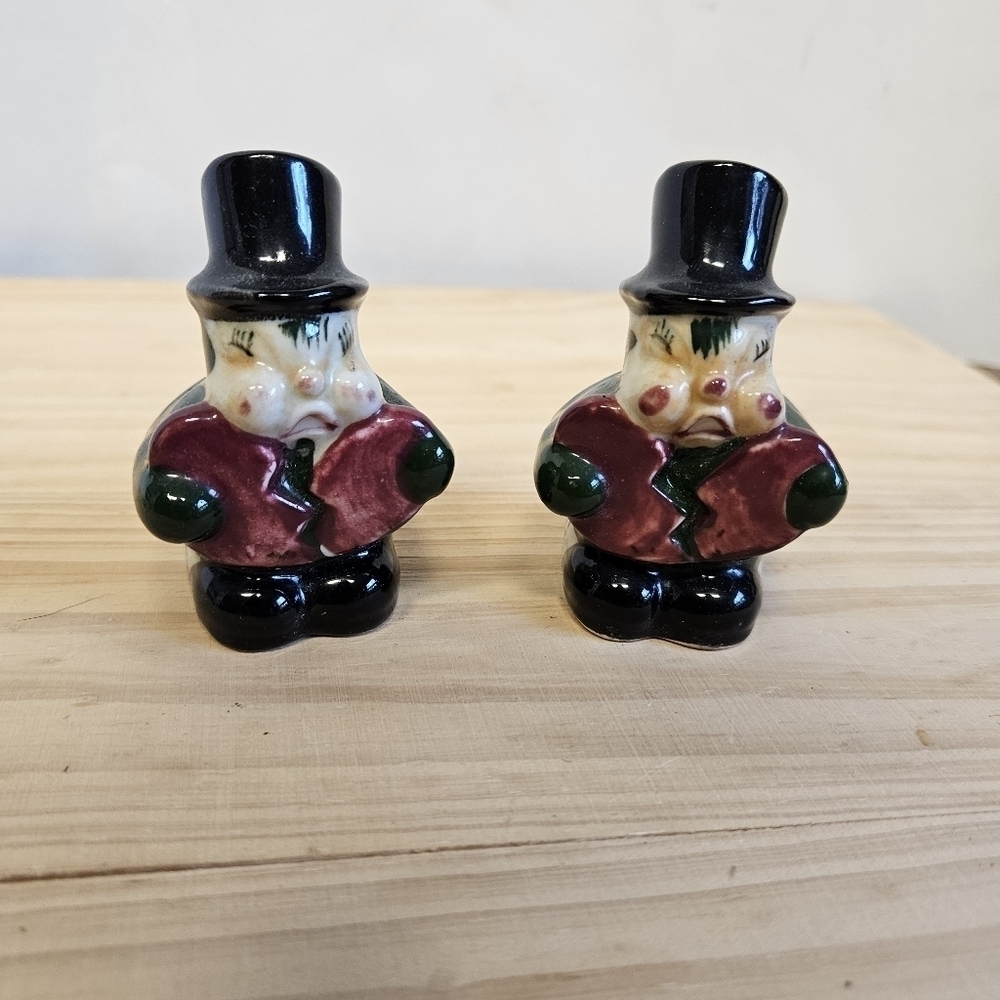 Vintage 50s Handpainted Broken Heart Ladybug Salt and Pepper Ceramic Shakers